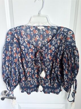 POL Navy Floral Peasant Blouse with Tassel Ties